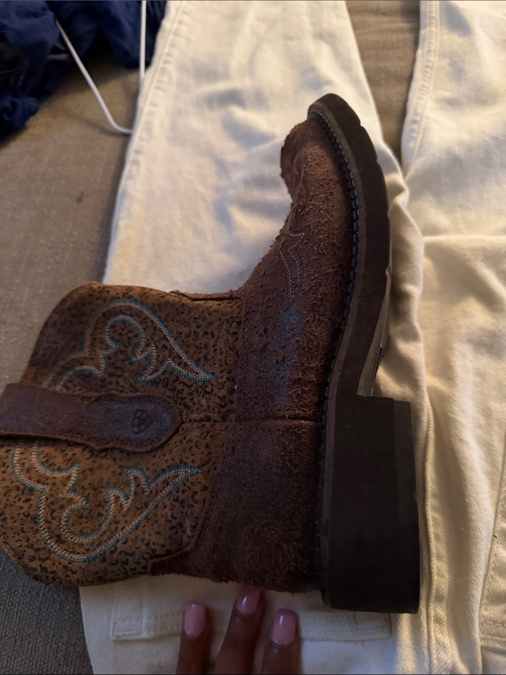 Kids Brown Western Embroidered Cowboy Boot with Turquoise Accents